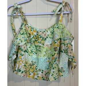 Moa Moa Floral ruffled tie strap crop flowy ruffle tiered boho top sz L NWT